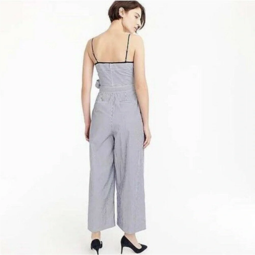J.‎ CREW Striped Cotton Cropped Jumpsuit Tie Waist Belted Navy Blue White size 2